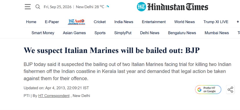 vijaipostoffice's tweet photo. Remember the deafening outrage over the Italian marine case back in 2012–13, when the BJP and Narendra Modi heavily attacked Sonia Gandhi and Congress?
Fast forward to today, a Delhi court grants default bail to a US national and six Ukrainians arrested by the NIA in a sensitive drone-training case, with the UAPA charges diluted. And the self-proclaimed nationalists? Complete silence.
National security is apparently a political switch. You turn it ON to scream about sovereignty when you're in the opposition, and switch it OFF in absolute silence when foreign nationals get bail under your own watch.
Patriotism shouldn’t depend on who is in power or the nationality of the accused. Selective outrage isn't strength; it's just pure hypocrisy.

#NIA, #NIACourt #UAPA, #NationalSecurity, #SelectiveOutrage #DroneTraining, #DroneWarfare #BJP #NarendraModi