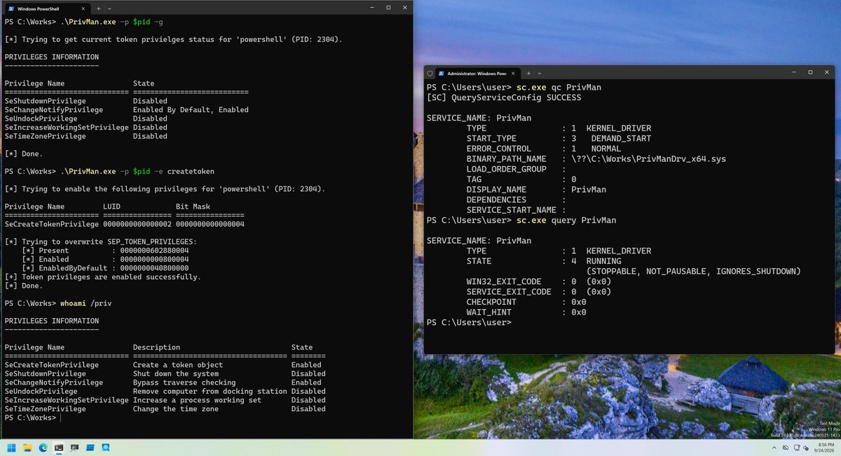 daem0nc0re's tweet photo. I wrote a tool to manipulate token privileges with kernel driver for token privileges investigation.
If you prefer kernel drivers over the kernel debugger, feel free to use them.

https://t.co/d9hVbmbFwA https://t.co/kfmIsfEllW