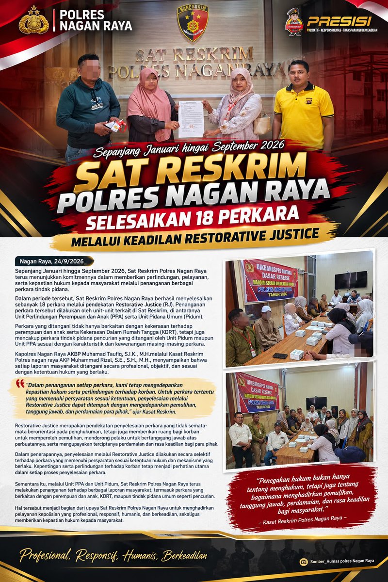 Humasnaganraya's tweet photo. Sepanjang Januari hingga September 2026 SAT RESKRIM Polres Nagan Raya Selesaikan 18 Perkara melalui Keadilan Restorative Justice https://t.co/pmDTfdpG4K