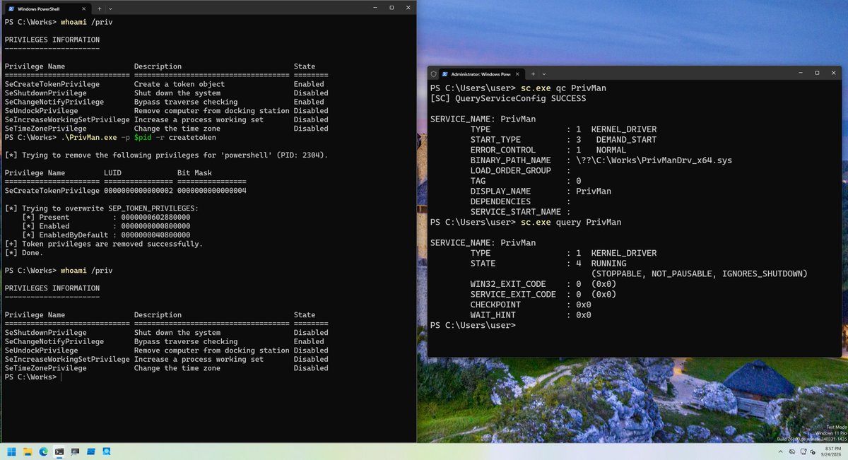 daem0nc0re's tweet photo. I wrote a tool to manipulate token privileges with kernel driver for token privileges investigation.
If you prefer kernel drivers over the kernel debugger, feel free to use them.

https://t.co/d9hVbmbFwA https://t.co/kfmIsfEllW