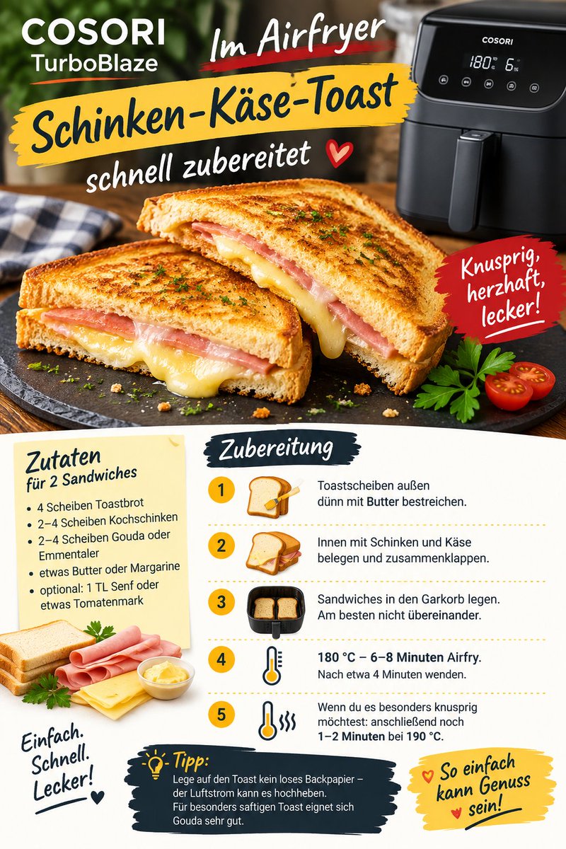derweixdorfer's tweet photo. Schinken-Käse-Toast 
#Airfryer #rezepte #food, #speisen, #essen, #büffet, #küche, #kochen, #backen, #lebensmittel, #obst, #gemüse, #fleisch, #wurst, #käse, #dinner, #lunch, #grillen, #backen #CosoriTurboBlaze #Ninja https://t.co/OMOf2BK2qG
