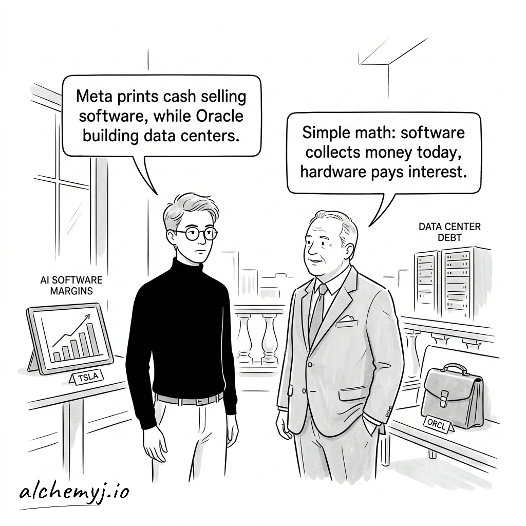 AlchemyJ_io's tweet photo. Meta's four-day rally reached 17% as investors rewarded consumer AI hardware reveals.
Oracle and Bloom Energy fell as infrastructure delays surfaced.

"Software collects money today, hardware pays interest." Oracle's $18 billion loan syndicate, spanning 20 banks, trades below 90 cents on the dollar. Meta's shares climbed as much as 4.5% intraday after its hardware reveal.

Borrowing costs and construction timelines are the two factors the Market Sentiment section ties to this divergence. Neither condition is described as resolved in the data presented.

$SOX $QQQ $SPY $META