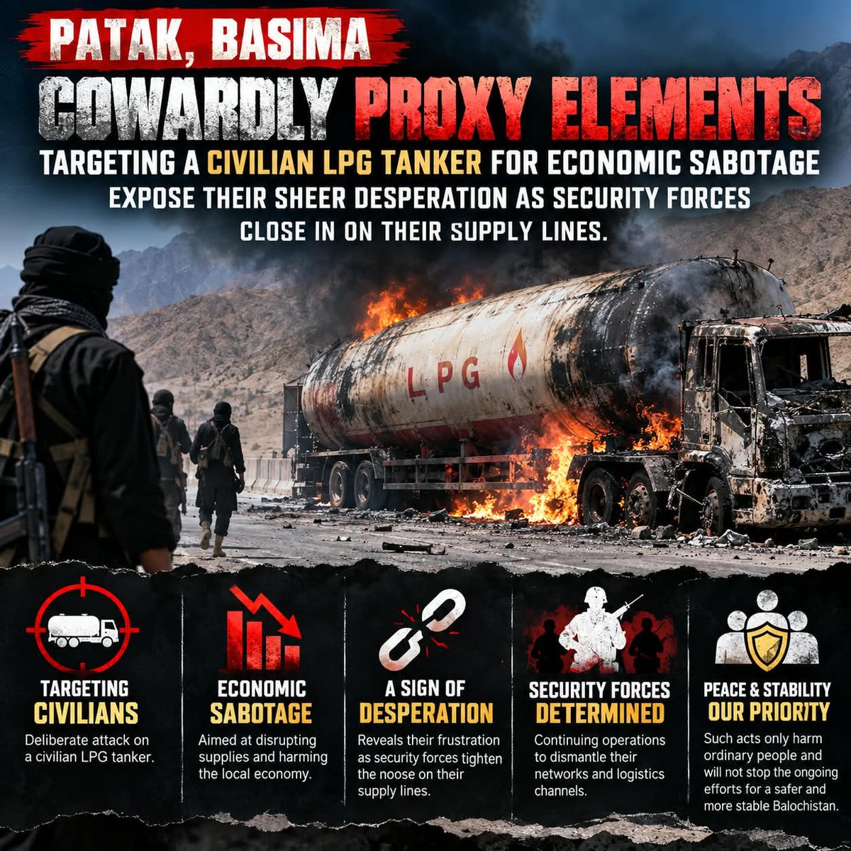 Asim__Speaks's tweet photo. Patak, Basima: Targeting a civilian LPG tanker for economic sabotage highlights the desperation of armed elements as security forces disrupt their supply lines.
#Balochistan #Basima #Patak #EconomicSabotage #SecurityForces https://t.co/azeX6DcUU1