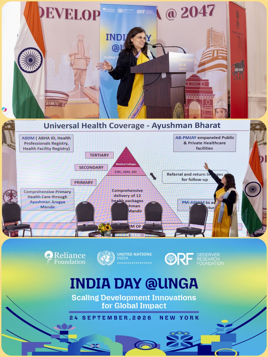 MoHFW_INDIA's tweet photo. 𝗕𝘂𝗶𝗹𝗱𝗶𝗻𝗴 𝗛𝗲𝗮𝗹𝘁𝗵𝗶𝗲𝗿 𝗙𝘂𝘁𝘂𝗿𝗲𝘀 𝗳𝗼𝗿 𝘁𝗵𝗲 𝗡𝗲𝘅𝘁 𝗕𝗶𝗹𝗹𝗶𝗼𝗻

On the sidelines of the 81st United Nations General Assembly (#UNGA81) in New York, Union Health Secretary Ms. Punya Salila Srivastava delivered the keynote address on “Women, Children and Youth: Building Healthier Futures for the Next Billion” at an India Day session organised by ORF and Reliance Foundation.

She highlighted how India’s key healthcare pillars — Ayushman Arogya Mandirs, Ayushman Bharat PM-JAY, Ayushman Bharat Digital Mission and Ayushman Bharat Health Infrastructure Mission — are strengthening health systems and contributing to improved outcomes in maternal, child and adolescent health.

Emphasising the importance of investing in women, children and young people, she underscored that strengthening health systems, leveraging technology, ensuring continuity of care and fostering community participation are vital to building healthier, more inclusive and resilient societies.

#IndiaAtUNGA  #UNGA81 #AyushmanBharat
#HealthForAll