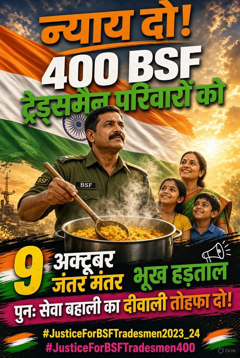 Ranbir_Crpf's tweet photo. न्याय दो!
400 BSF ट्रेड्समैन परिवारों का हाल बेहाल है।
साइबर फ्रॉड का शिकार → नौकरी गई
उम्र निकल गई → लोन का बोझ
9 अक्टूबर जंतर-मंतर
भूख हड़ताल
मोदी जी सरकार से अपील —
पुनः सेवा बहाली का दीवाली तोहफा दे दो!
#JusticeForBSFTradesmen2023_24
#JusticeForBSFTradesmen400
जय हिंद 🇮🇳 https://t.co/gFlJcA8H4B