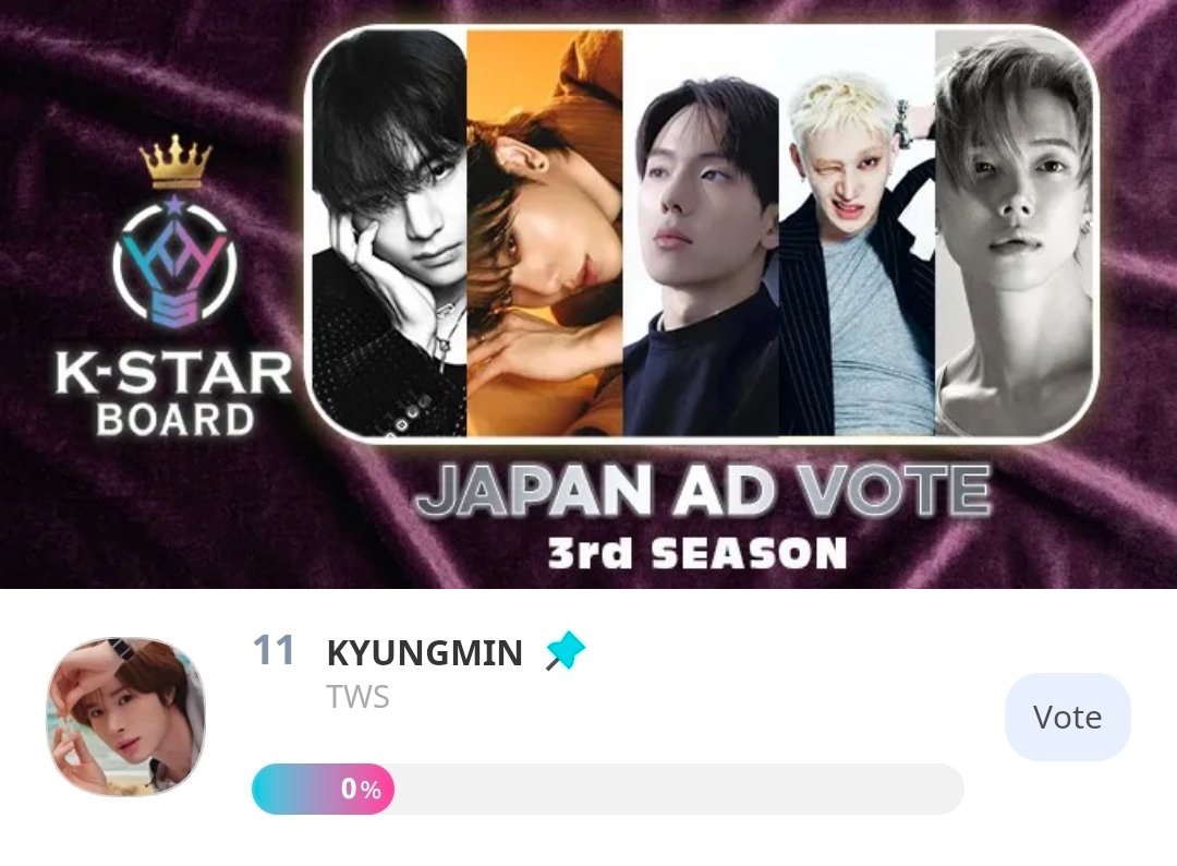 TWS_WithcrewINA's tweet photo. [VOTING OPEN]

》 [𝗞-𝗦𝗧𝗔𝗥 𝗕𝗢𝗔𝗥𝗗] 𝟯𝗿𝗱 𝗦𝗲𝗮𝘀𝗼𝗻 𝗩𝗼𝘁𝗲 #Kyungmin #경민 《

📥 Idolchamp
🎯 TOP 1
⏰ 04 Oktober 2026 (23.59 KST / 21.59 WIB)
🔗 https://t.co/CLUW2ExTuT
❔ Guide: https://t.co/V5HM6fEtTS
📋 1 vote = 20❤️

🎁 7-days K-Vision Screen AD
#TWS #투어스 #247WithUs