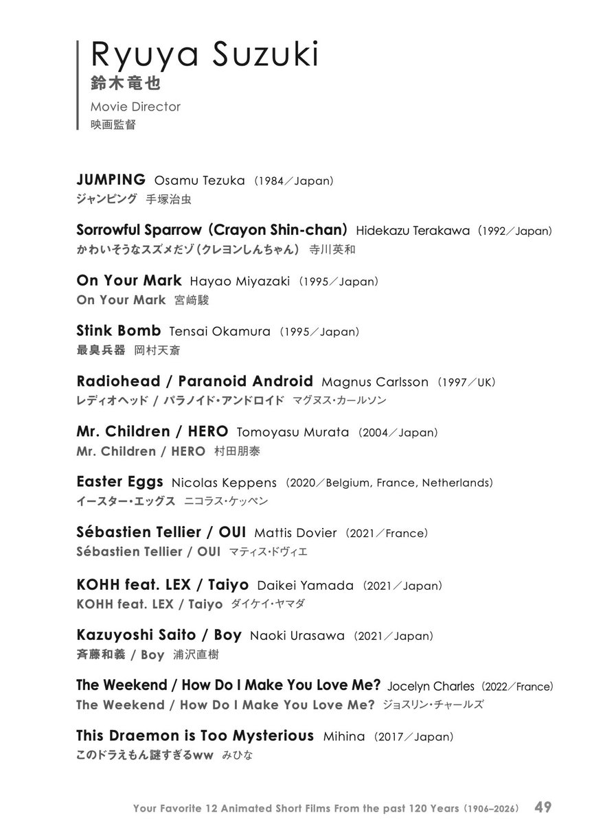 AnimationSeason's tweet photo. ╭━━━━━━━━━━━━━━━╮
　あなたの愛する
　12本の短編アニメーション作品
　#YourFavorite12AnimatedShortFilms
╰━━━━━━━ｖ━━━━━━━╯

#短編アニメーション120周年 を記念した企画「パーソナ��・ベスト12」をご紹介します📘

▼工藤雅子さん（株式会社チャイルド・フィルム代表）の回答
 https://t.co/ROwbAnI2Kj

▼鈴木竜也さん（映画監督）の回答 
https://t.co/SY9zuXO5km

▼村本咲さん（アニメーション作家、イラストレーター）の回答 
https://t.co/Y5V5bkzxZ5

▼ニヘイサリナさん（アニメーション作家）の回答 
https://t.co/IkdhiIQOz8

環太平洋アジアのアニメーション関係者68名が選んだ、全作品の年表が付いた冊子は、税込1,000円（A6判・84P）で、ニューディアーオンラインショップにてご購入いただけます！ https://t.co/LCr7pilpnj 

#HAS2026