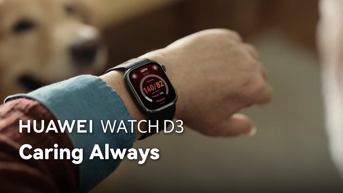 A close-up shows a person's wrist wearing the HUAWEI WATCH D3, with the display showing an ABPM reading of 140/82 mmHg, progress at 10%, and a "Measure" prompt. Bold text reads "HUAWEI WATCH D3 — Caring Always," reinforcing the post's message about the watch's Pre- & Post-Exercise Blood Pressure Measurement and smart health reminders.