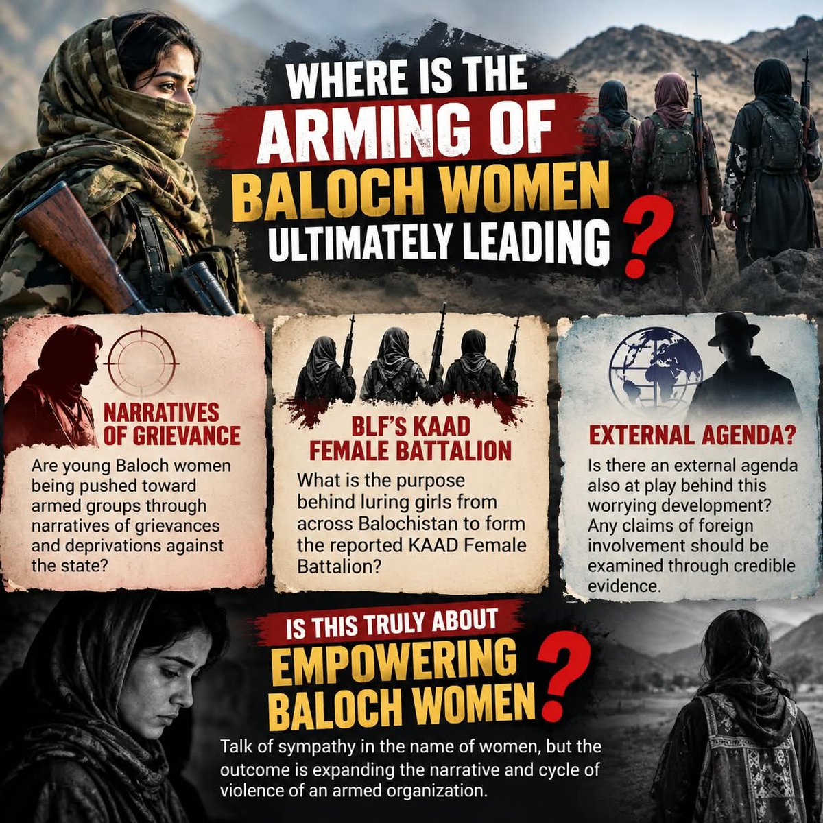 Kareema_Zehri's tweet photo. The reported formation of a BLF-linked female unit raises serious questions about the militarization of young women. Women’s empowerment should mean safety, education, and opportunity—not recruitment into armed conflict.
#Balochistan #BalochWomen #KAAD #BLF #Peace https://t.co/iAhdBA9z1j