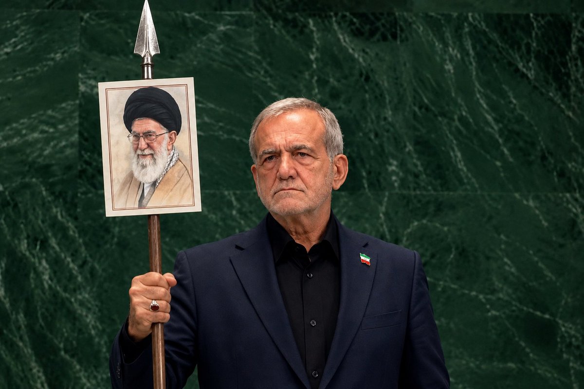 A_irajj's tweet photo. سخنرانی آتشین پزشکیان پوششی بود برای کسب مشروعیت از مردم ،برای بذل و بخششِ سرمایه های هسته‌ای کشور
ظریف قبلا به هم کیشان خود در #فرقه‌ی_اصلاحات گفته بود که از رهبری عبور نکنید، با رهبری عبور کنید
برای همین هم پزشکیان با توصیه ی ظریف تصویر رهبری را سر نیزه زد تا عبورش بی‌خطر باشد https://t.co/fl8KMsXUMB