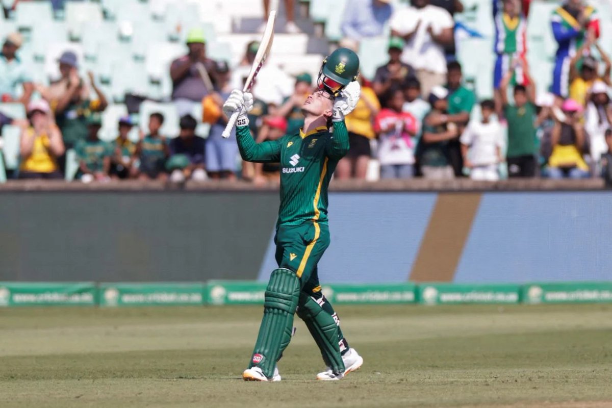 ABsay_ek's tweet photo. Matthew Breetzke was supposed to be just another one. Another South African kid with a good school record, a nice cover drive and a future of maybe possibly, if things go right. Grey High gives you that. Greame Pollock's old school. 52 school capped players since unity. The pressure there is not to make runs. It is to not waste the talent everyone can already see.

He did not waste it. He just took his time. 

Start with his numbers, because you have to. 822 runs in just 14 ODI innings, average of 63.23, strike rate of 97.74. Those figures alone would get anyone excited. But stay with numbers for 1 more minute & sometging more interesting shows up, something the average and strike rate cannot really tell you on their own.

Look at the map of his start:
150 against New Zealand in his debut ODI while opening the batting.
83 against Pakistan in next game at no.3.
Then 3 straight fifties, batting at No.4, against 2 different oppositions, Australia and England, in their conditions.
Then 2 more half centuries in his first 2 ODIs in India.

And the yesterday at Durban. His first ODI on home soil, top order collapsing around him early against Australia and he brings up a century in that very game. 29 for 2 when he walked in, Starc and Hazlewood running in, and he just.... stayed. Built. Finished it.

South Africa needed this. Not another dasher. They have enough of those. De Kock, Miller, Brevis,Stubbs. Beautiful hitters. Terrifying when it works but embarrassing when it does not.
What they needed was someone who could walk in at 29 for 2, take the punch and not throw it back immediately. Someone who could let the fast men bowl their best spells and survive them without needing to prove anytging. Breetzke does that. He lets the ball come. He hits it late. He holds the pose because he has time to hold it.dashers around him do not have that time. They need him to have it for them.

There is a neatness to his batting which no analyst can plan, cricket just occasionally likes symmetry.
Everyone keeps telling you this is the era of hitting first and thinking later. Breetzke keeps proving there is still room in the format for a man who watches the ball a little longer than everyone else.