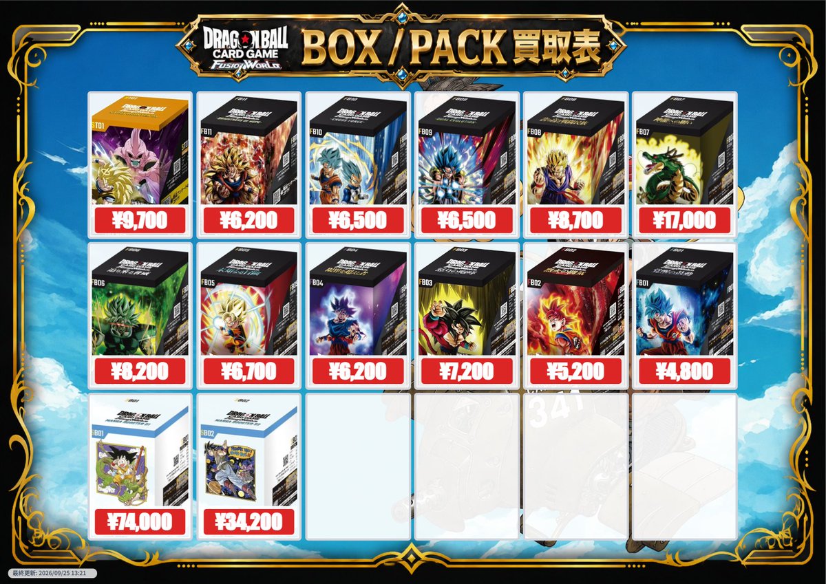 TCG85317845's tweet photo. ポケカ ワンピース フュージョンワールド
BOX買取表更新致しました🥸

お持ち込みお待ちしております🙃

MEGA 30th CELEBRATION 1BOX　23,500円
30th CELEBRATION プレミアムデッキセット
 エーフィ・ブラッキー 30周年 コレクション　14,700円
30thCELEBRATIONFUTURISTICBOX　49,200円
ストームエメラルダ　10,500円
アビスアイ　7,500円
ニンジャスピナー　7,100円
ムニキスゼロ　7,700円
インフェルノX　15,300円
メガブレイブ　7,100円
メガシンフォニア　6,500円
ホワイトフレア　16,500円
ブラックボルト　17,500円
ロケット団の栄光　18,000円
熱風のアリーナ　14,700円
バトルパートナーズ　8,900円
超電ブレイカー　23,700円
楽園ドラゴーナ　13,500円
ステラミラクル　9,700円
ナイトワンダラー　9,700円
変幻の仮面　9,700円
クリムゾンヘイズ　9,900円
ワイルドフォース　9,500円
サイバージャッジ　8,900円
古代の咆哮　9,500円
未来の一閃　8,200円
レイジングサーフ　13,200円
黒炎の支配者　13,800円
151　32,000円
クレイバースト　9,200円
スノーハザード　10,700円
トリプレットビート　15,500円
スカーレット　11,500円
バイオレット　8,900円
パラダイムトリガー　17,500円
フュージョンアーツ　44,200円
漆黒のガイスト　17,000円
白銀のランス　14,200円
ロストアビス　40,700円
タイムゲイザー　14,500円
スペースジャグラー　10,700円
MEGAドリームex　11,300円
デラックスブラックボルト　19,500円
デラックスホワイトフレア　18,500円
テラスタルフェス　14,700円
シャイニートレジャー　13,400円
VSTARユニバース　23,000円
VMAXクライマックス　25,000円
25th ANNIVERSARY COLLECTION　50,000円
シャイニースターV　16,700円
白熱のアルカナ　9,700円

※買取価格は相場・在庫状況・商品状態により変更される場合があります。
※シュリンク破れ・箱潰れ・再シュリンク等は、減額または買取対象外となる場合があります。

#ポケモン #ポケカ #町田 #カードショップ #高価買取