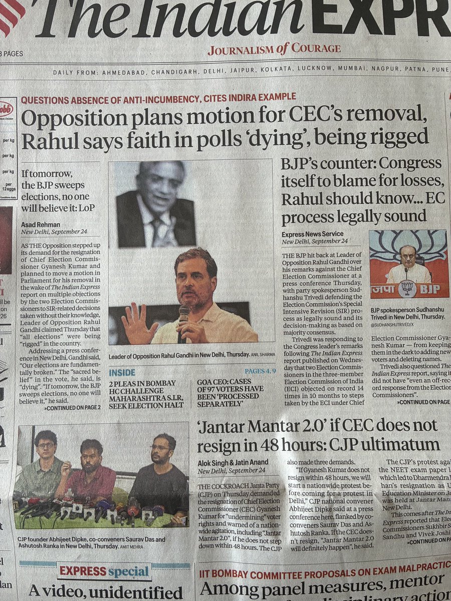 MinhazMerchant's tweet photo. Hit job #2

First: Remove #CEC by impeaching him. Second: Discredit BJP’s future electoral victories. 

Rahul G: “If tomorrow the BJP sweeps elections, no one will believe it.”

Courageous @IndianExpress coyly doesn’t mention Opposition has tried to impeach this CEC twice already & failed both times. 

Equally bright RahulG doesn’t mention that no one will believe Congress victories in Karnataka, Keralam,Telangana & Himachal.

We deserve a better, brighter Opposition leader than LoP & a more balanced newspaper than Indian Express that exposes both govt & Opposition with equal ferocity as Ramnath ji used to do. The paper was a newspaper then not a hit job paper acting on the command of a ventriloquist.