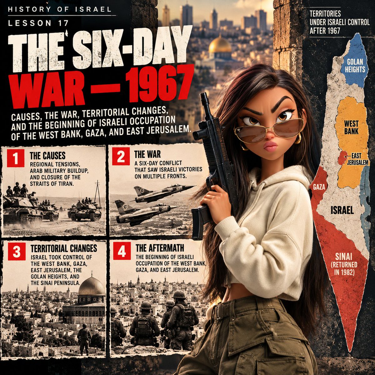 DEREKHOR613's tweet photo. Six days in June 1967 dramatically changed the map of the Middle East. 

Israel captured Sinai, Gaza, the West Bank, East Jerusalem and the Golan Heights, beginning a new chapter of territorial dispute and occupation. 

#HistoryOfIsrael #SixDayWar #IsraelHistory #MiddleEastHistory