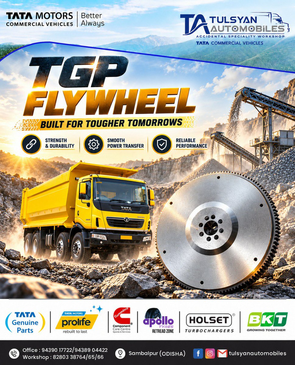 Tulsyanautotata's tweet photo. ๐ Built for tougher tomorrows. Powered for demanding journeys.
The TGP Flywheel. โ๏ธ๐ฅ
#TGPFlywheel #TataMotors #CommercialVehicles #HeavyDutyVehicles #TruckParts #PowerTransmission #VehicleParts #FleetSolutions #MiningVehicles #ConstructionVehicles #GenuineParts #srompl https://t.co/DraF7lLTkn