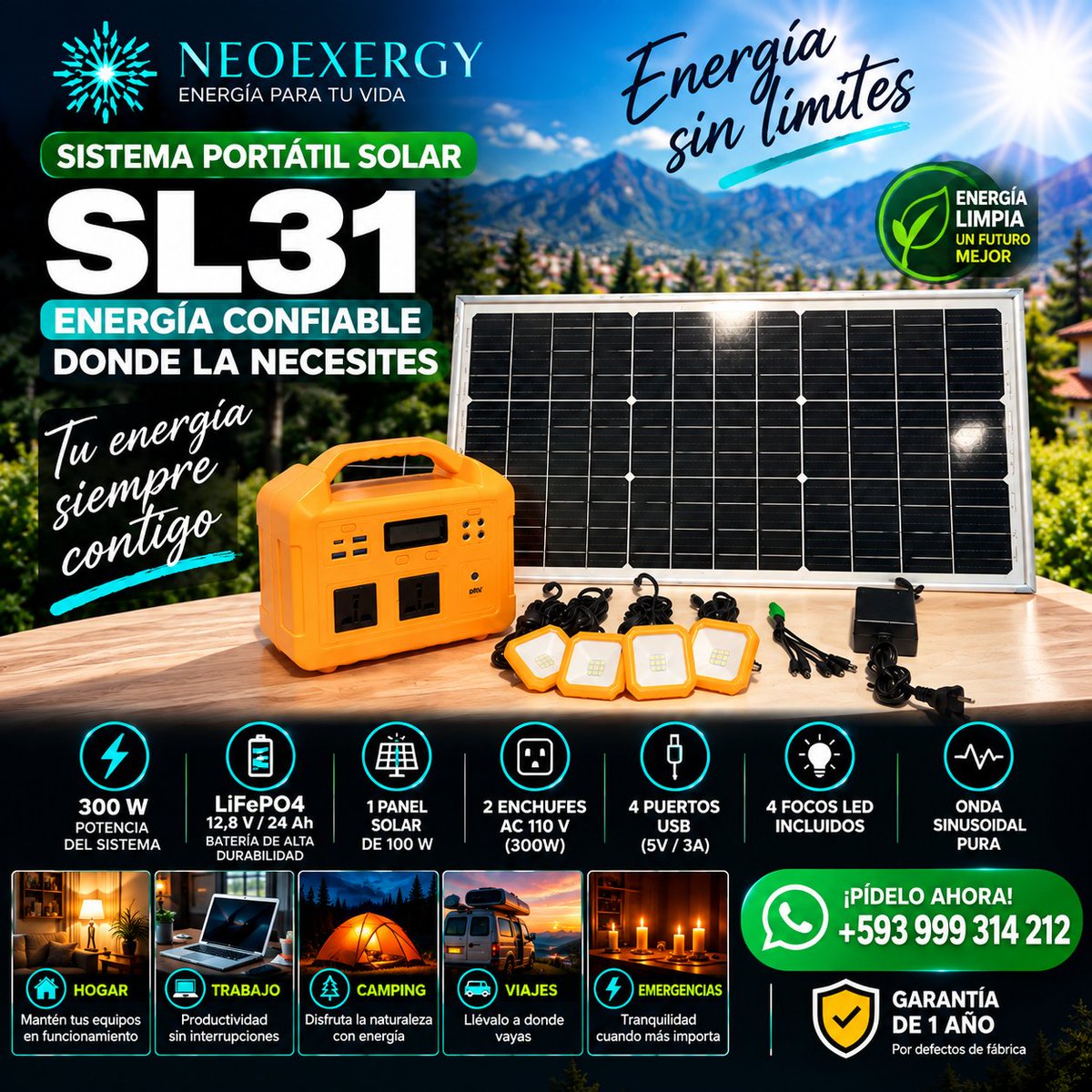 ExergyNeo's tweet photo. KIT SOLAR PORTÁTIL SL31 
¿Sin enchufe cerca?  El NeoExergy SL31 te acompaña
 300 W
 Batería LiFePO₄
 Panel solar incluido
 Salidas AC + USB
 4 focos LED incluidos
 1 año de garantía
 Pídelo ahora: +593 999 314 212
NEOEXERGY 
#KitSolar #SL31 #NeoExergy #EnergiaSolar #Ecuador https://t.co/wIkR7sTZ2U