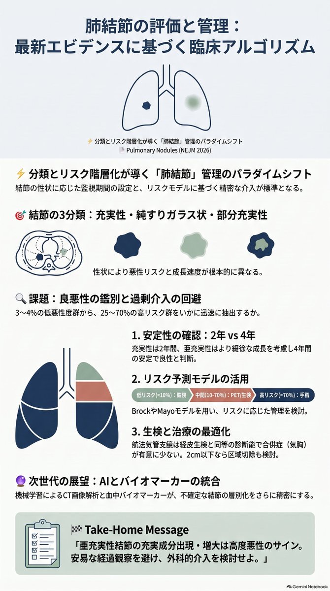 frokoststue's tweet photo. 🫁NEJMからの肺結節のレビュー
低線量CTで25%に肺結節がみつかるいま、その後の対応は？
--
●充実性（2年不変）と亜充実性（4年以上の観察）で層別化。
●気管支鏡ナビ生検はTTNBと同等精度で気胸リスク低減。
●過剰侵襲を防ぎ早期診断を目指す。 https://t.co/vFqqbjOwbQ 
#NEJM https://t.co/NdTpShvop9