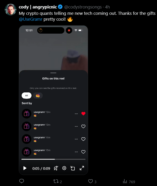 UseGramr's tweet photo. What makes us different than other tech coins?

We don’t sell a narrative. We route fees.

Pair a coin to an Instagram handle. Community trades. Creator gets IG gifts or a USDC claim.

$GRAMR takes its own fees and splits them 70/30: hourly buy/burn vs reserve. 

Public receipts on https://t.co/pSIlqAFw0T

If it isn’t on-chain or on the Reel, it isn’t real.
