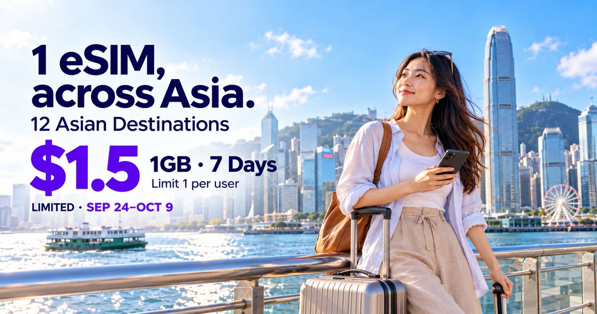 XPINNetwork's tweet photo. 🌏 A little data. A little price.

Explore Asia with 1GB for just $1.5.
📶 7 days. 12 destinations. One eSIM.

Live now—grab yours!
Limit 1 per user.

⏳ Ends Oct 9, 23:59 (UTC+8).
https://t.co/0JuxqSflwH https://t.co/6c4a337A3M