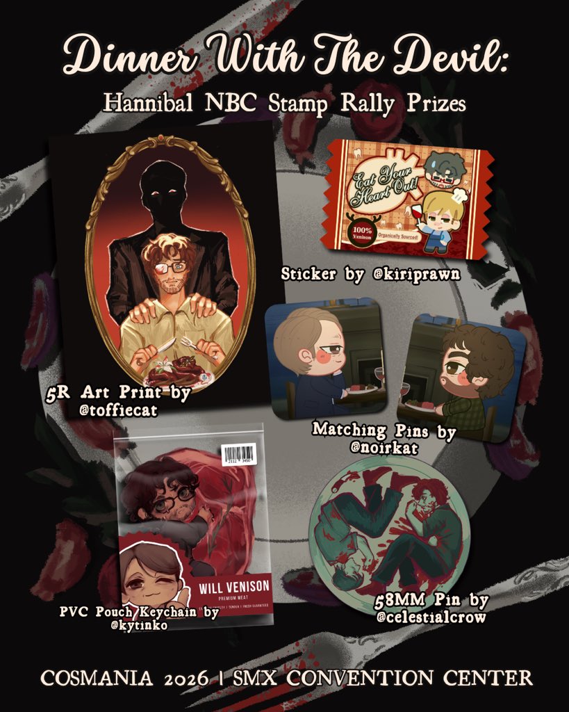 toffiecat_'s tweet photo. 🫀 Prize reveal for Dinner With The Devil: A Hannibal NBC Stamp Rally, only at #Cosmania2026 🔪 See you there fannibals! 🍽️🍷

#cosplaymania2026 #fanfairatcosplaymania2026 #hannibal https://t.co/5knm5u9htx