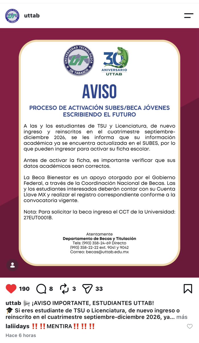 f3errr's tweet photo. QUIERO HACER AVISO HACIA @BecasBenito @bienestarmx @GobiernoMX @JovConFuturo  LA @UTTAB  SIEMPRE DA ESTE TIPO DE AVISOS FALSOS YA QUE AL MOMENTO DE QUERER REGISTRAR MARCA QUE NO SE ENCUENTRA DENTRO DEL LISTADO DE ESCUELAS BENEFICIADAS https://t.co/mTxgFz7jJS