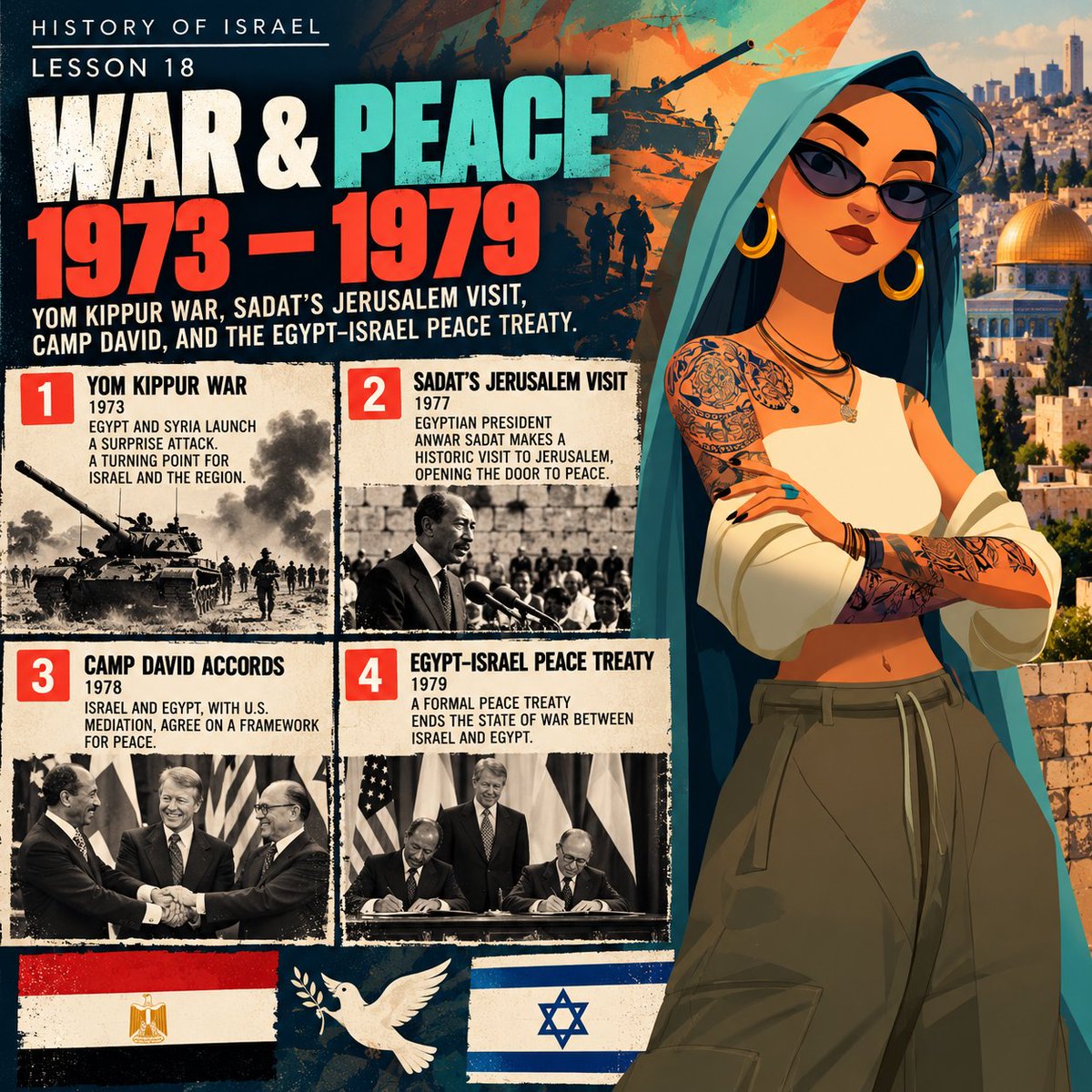 DEREKHOR613's tweet photo. From war to diplomacy. 

The 1973 Yom Kippur War was followed by Sadat’s historic Jerusalem visit, the Camp David Accords, and the 1979 Egypt–Israel peace treaty.

#HistoryOfIsrael #YomKippurWar #CampDavid #Israel #Egypt #MiddleEastHistory https://t.co/lUfLSFDyyD