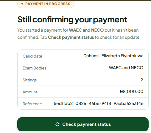 bimbynino's tweet photo. @sidmach Good morning, I made payment for result verification on https://t.co/fb6eiursRF, payment was successful but not yet confirmed in almost 24hrs. There is no customer support on the page. Please help treat as urgent https://t.co/gsgO2aXi0C