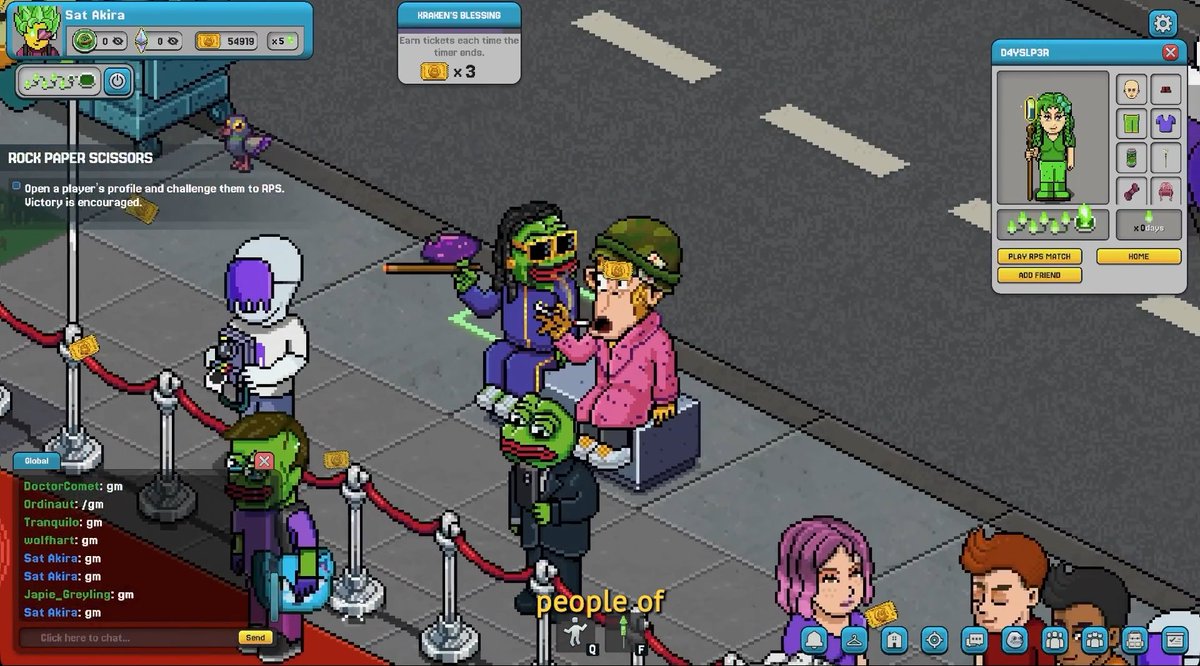 A pixel-art style video game scene showing various characters including zombies, a robot, and others gathered near a "ROCK PAPER SCISSERS" queue area, with the username "Sat Akira" visible in the top left and a player profile panel on the right.