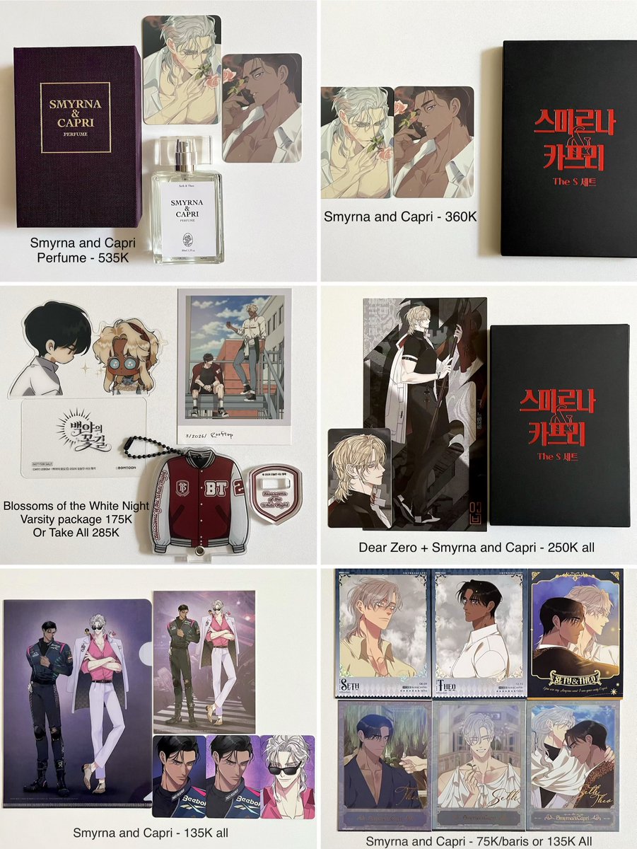 sbtbee's tweet photo. WTS Official Merch BL Manhwa
Smyrna and Capri | Dear Zero | Blossoms of the White Night | Swallow You Whole | Minmotion Syndrome 
Ready Ina #warungbl #warungmanhwa https://t.co/e5ViyulkAt