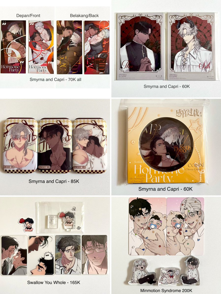 sbtbee's tweet photo. WTS Official Merch BL Manhwa
Smyrna and Capri | Dear Zero | Blossoms of the White Night | Swallow You Whole | Minmotion Syndrome 
Ready Ina #warungbl #warungmanhwa https://t.co/e5ViyulkAt