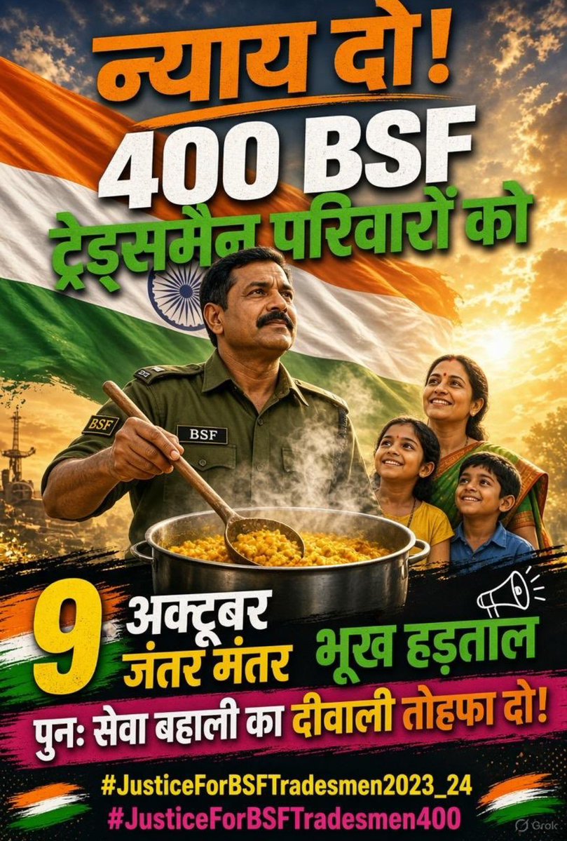 Rameshwkt0's tweet photo. न्याय दो!
400 BSF ट्रेड्समैन परिवारों का हाल बेहाल है।
साइबर फ्रॉड का शिकार → नौकरी गई
उम्र निकल गई → लोन का बोझ
9 अक्टूबर जंतर-मंतर
भूख हड़ताल
मोदी जी सरकार से अपील —
पुनः सेवा बहाली का दीवाली तोहफा दे दो!
#JusticeForBSFTradesmen2023_24
#JusticeForBSFTradesmen400
जय हिंद 🇮🇳 https://t.co/vNIvOzlqRA