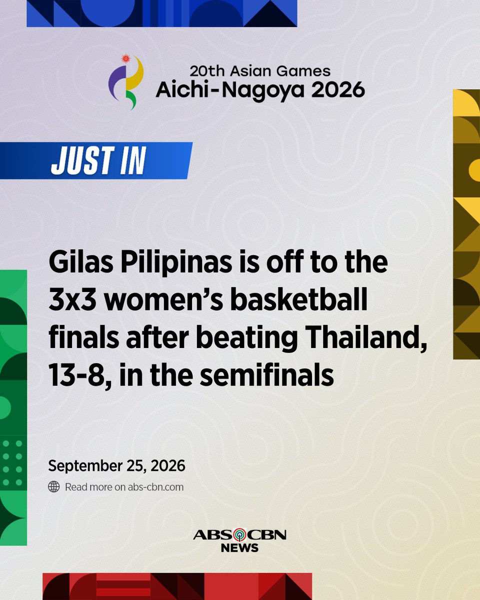 ABSCBNNews's tweet photo. FINALS BOUND 🤩
JUST IN: Gilas Pilipinas is off to the 3x3 women’s basketball finals after beating Thailand, 13-8, in the semifinals.
Gilas 3x3 Women will face Japan in the in the gold medal match tonight. (📸: POC Media Pool) | via @PaigeJavier https://t.co/2yS90x3VeO