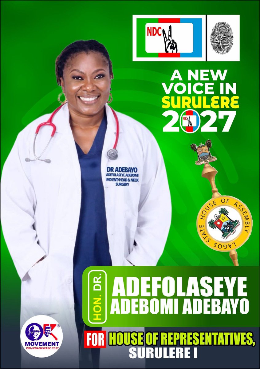 DrFolaseye's tweet photo. Who is Dr Adefolaseye Adebomi Adebayo
Brief Biography 
Dr. Adefolaseye Adebomi Adebayo, MBChB, FWACS, FMC-ORL, is a medical doctor, ENT and Head & Neck Surgeon, postgraduate medical lecturer, community health advocate, humanitarian and public servant, and NDC candidate for Surulere 1 Federal Constituency.

Her journey has been shaped by one guiding principle: “Leadership begins with service to humanity.”

Her educational journey began in Lagos at Olufunmilayo Nursery & Primary School, Ikeja, Victory Home School, Ikeja, and Bola Memorial Primary School, Abule Onigbogbo. She attended Army Day Secondary School, Enugu, and Special Senior Science School, Nsukka, before proceeding to the University of Ilorin and later institutions including the University of Ibadan, Obafemi Awolowo College of Health Sciences, and the University of Lagos Teaching Hospital (LUTH) for postgraduate specialist training.

Over the years, Dr. Adebayo has built an extensive medical career across public hospitals, specialist ENT practice, medical education and private healthcare. She has served at General Hospital, Ibeju-Lekki, General Hospital, Lagos Island, General Hospital, Harvey Road, Yaba, and General Hospital, Isolo, while also contributing to postgraduate training and continuing medical education for doctors.

Healthcare Contributions

Her contribution to healthcare goes beyond treating patients. She played a role in establishing a structured ENT clinic at General Hospital, Harvey Road, Yaba, and has contributed to the advancement of specialised ear surgery within the Lagos General Hospitals.

she and her ENT colleague from the Middle East (Saudi Arabia) performed the First middle ear endoscopic surgeries in Lagos Health Service commission at General Hospital, Isolo.

During the COVID-19 pandemic, she developed the infection-control protocol for ENT services serving General Hospital, Lagos and General Hospital, Yaba, that kept all the workers of both hospitals safe and as such none ot the staffs  got infected with the COVID 19 Virus.

 Her medical expertise has also been used for humanitarian service.

In 2026 :Performed the  #65Free Adeno Tonsillectomy Surgeries Initiative, to celebrate his Excellency Peter Obi,s 65th birthday where more than 100 children were screened and eligible children received free specialist surgeries. That costs over N200 million Naira if they were paid for.
She has also supported students through scholarships, participated in medical outreaches and, 
in 2022, Provided a community borehole in Alimosho helping children to stop going late to school 

Beyond medicine, Dr. Adebayo has used media platforms to educate the public on healthcare and community development, reflecting her belief that professionals should not only practise their professions but also contribute to society.

Today, she is taking her philosophy of service into politics as the NDC candidate for Surulere 1 Federal Constituency.

Her stated priorities include:

Youth empowerment
Women’s economic empowerment
Education and scholarships
Accessible healthcare
Support for artisans and small businesses
Vocational and technical training
Community infrastructure
Digital opportunities
Accountable constituency representation

Her Promise to the People

Her promise to the people is simple:

“I WILL LISTEN. I WILL SERVE. I WILL REPRESENT. I WILL DELIVER.”

Dr. Adebayo says she intends to bring the same approach she applies in medicine to public service: listen carefully, identify the root problem, develop practical solutions, implement them and evaluate the outcome.

From the operating theatre to the classroom, from humanitarian service to community advocacy, her journey continues to be guided by the belief that:

“Leadership begins with service . 
Which she will provide