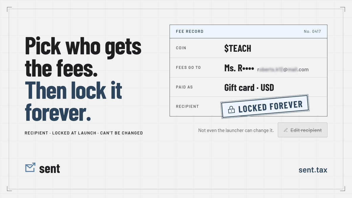 sentonpons's tweet photo. When you launch a coin on sent, you choose who gets its fees.

Then you can lock that choice forever.

Your teacher, your barber, your little brother: once it's locked, not even you can change where the fees go. Every gift card goes to them for as long as the coin trades. https://t.co/QZKSHrIHq7
