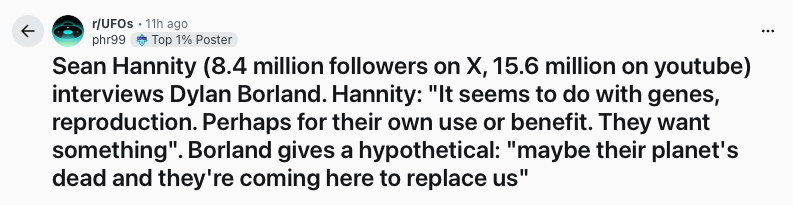 tinyklaus's tweet photo. Sean Hannity and Dylan Borland are exploiting the UFO topic to push "great replacement" horseshit.

Fuck these people. https://t.co/54Zf0I5Z08