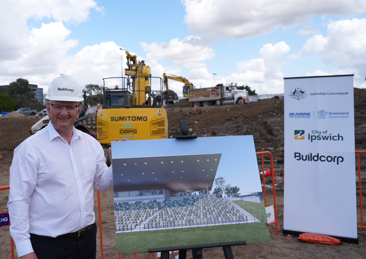 ShayneNeumannMP's tweet photo. Fantastic to turn the sod for the new $40M North Ipswich Reserve Western Grandstand today.

I was proud to secure $20M in Federal funding for this project so it was great to kick off construction on this major development for our city. https://t.co/wbERncIN1I