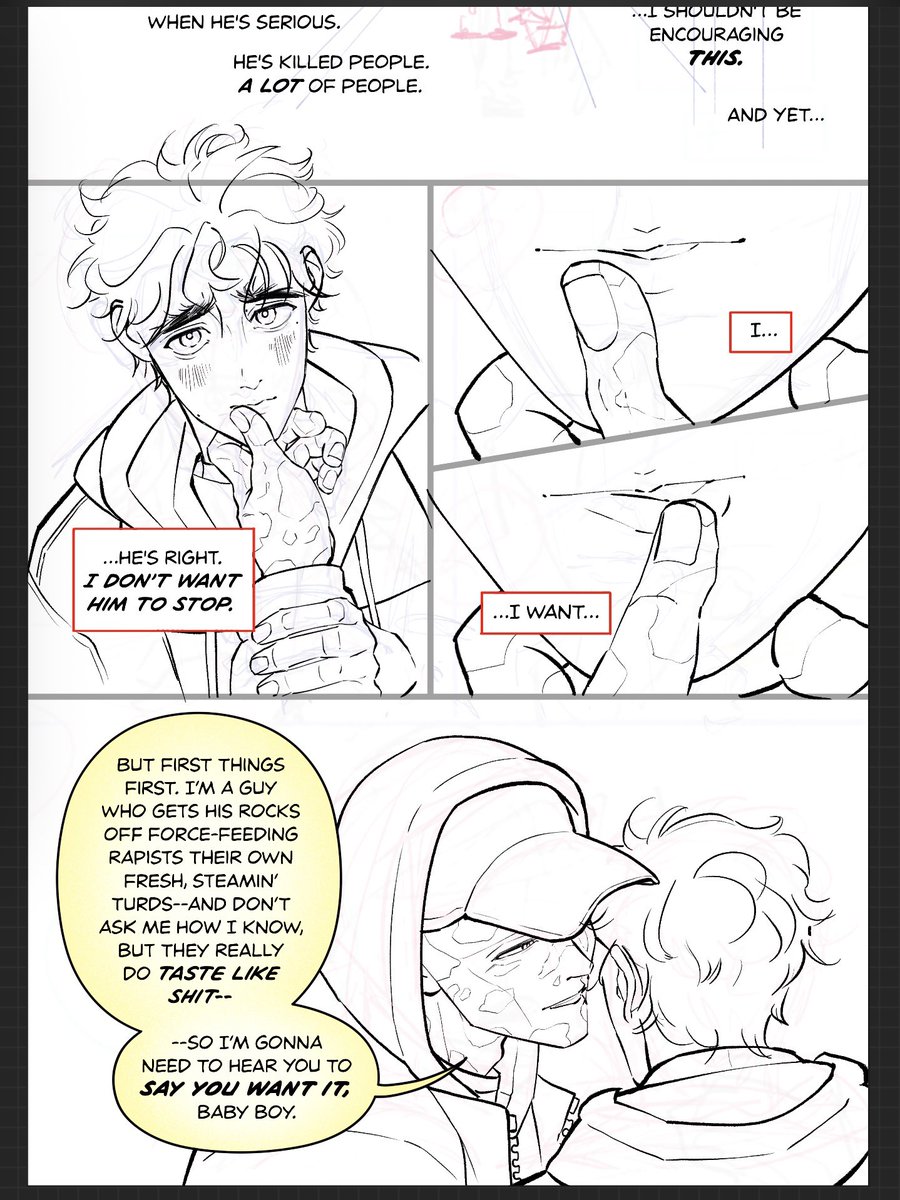 squeakyluf's tweet photo. A little WIP of the next page of the spideypool comic thingy!
And a peek at the story board for page 4 where you can see how little Wade and Peter started as humble stick figures…
Anyway. I’ve boarded up to page 10! Yaay. So lots to come 💖💖💖
Ok it’s 2am gn 😪😪😪 https://t.co/GLFxNMkCrD