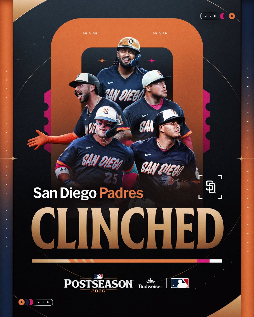 MLB's tweet photo. For the third consecutive year, the @Padres are #Postseason bound! #CLINCHED

(MLB x @BudweiserUSA) https://t.co/Pd38jjfD0d