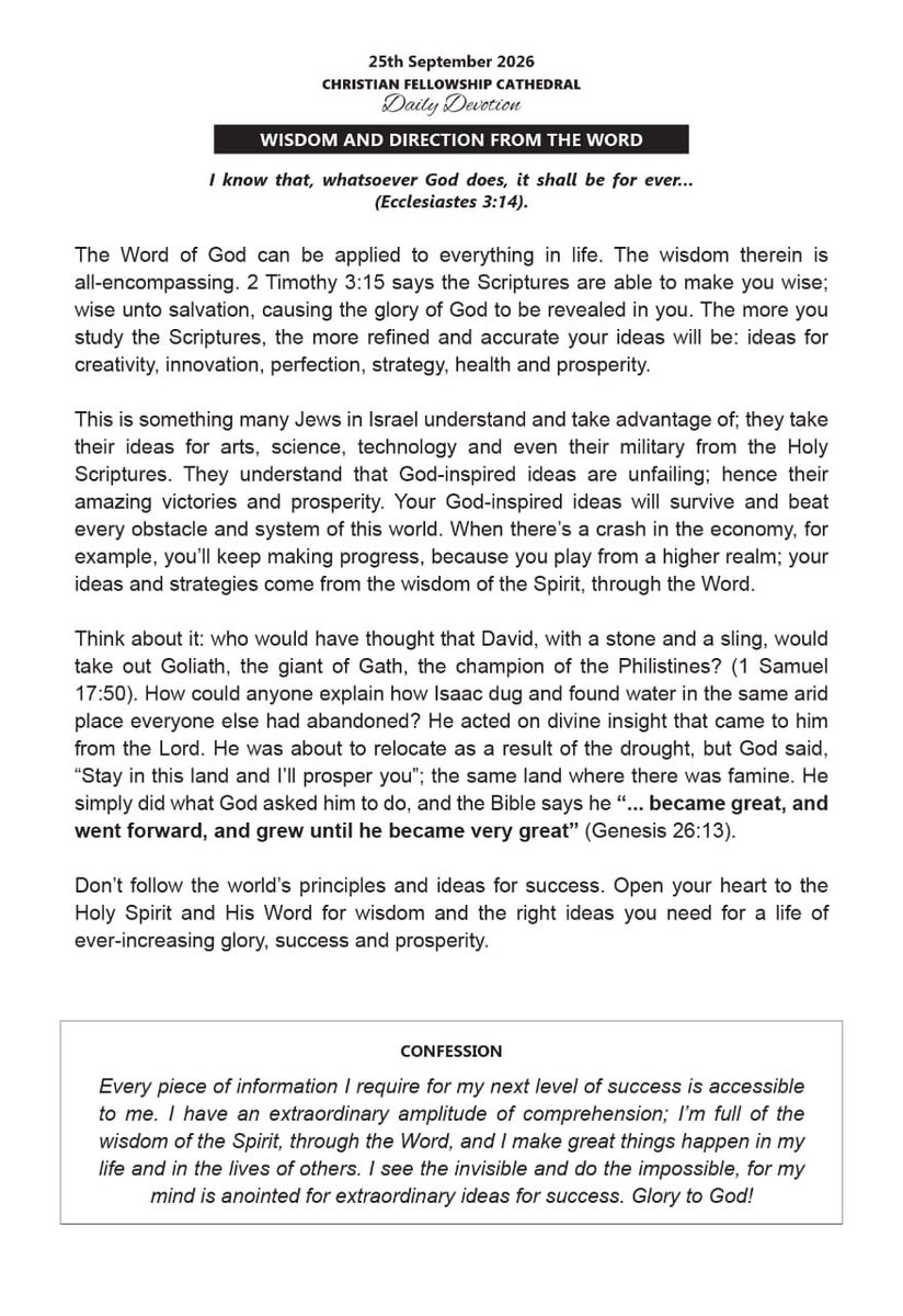 CFCFORTPORTAL's tweet photo. Christian Fellowship Cathedral (CFC)
Fort Portal
Daily Devotion (25th September 2026)
Wisdom And Direction From The Word
#CFCDailyDevotion
#TheGospelOfTheKingdom
#2026_JesusOurWisdom https://t.co/9M2OZaCDO0