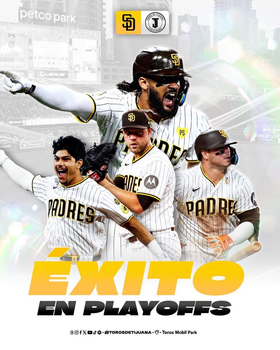 TorosDeTijuana's tweet photo. ¡Éxito en los Playoffs! ❤️💛

Felicitamos a nuestros amigos de los @Padres por su pase a la postemporada. ¡Les deseamos mucho éxito en los Playoffs!

#TorosDeCorazón #MLB https://t.co/xQtou04Yi9