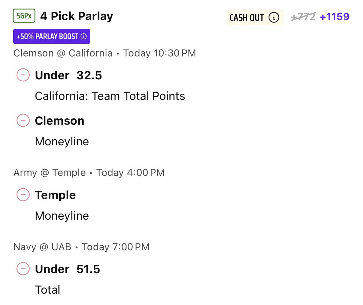 BoostKingX's tweet photo. CFB Friday 50% SGP Boost 

1 U
Fair value +896

Temple ML vs Army
Under 51.5 points Navy vs UAB
Clemson ML vs California 
Under 32.5 California Team Total 

We hit big on CFB last weekend let’s see if we can do it again https://t.co/G0NXfXje51