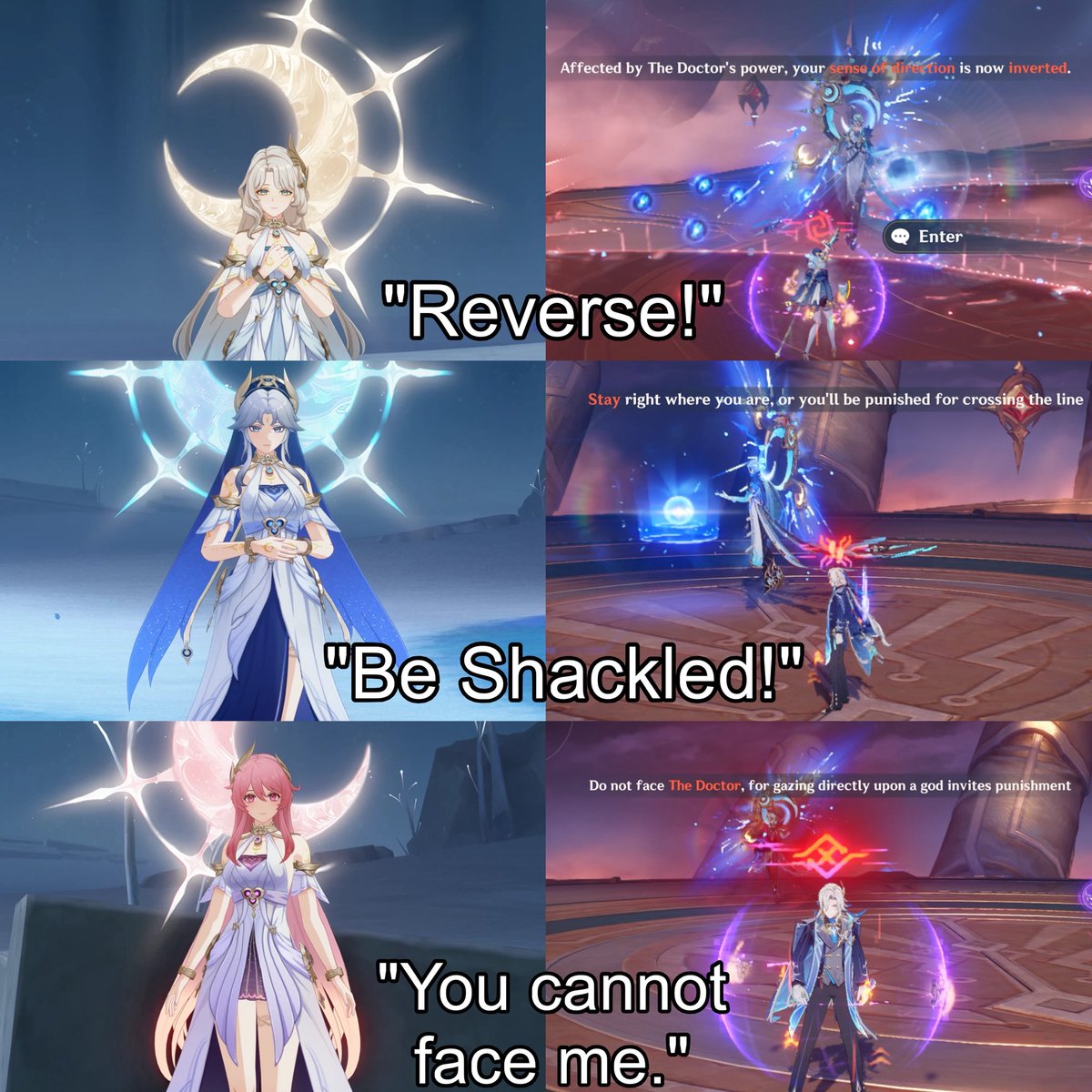 luluraemi's tweet photo. about the moon sisters authority, let’s see dottore lines when using the moon marrow and its punishment

eternal moon, aria marrow = reverse! (Time)
artificial frost moon, canon marrow = be shackled (Space)
iridescent moon, sonnet marrow = you cannot face me (Death) https://t.co/OuKpYoLQRL