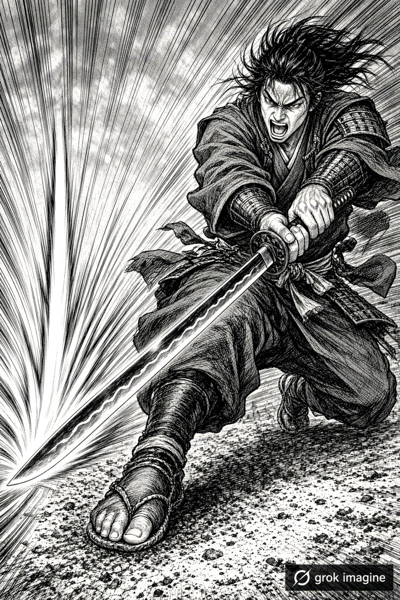 Oxebube's tweet photo. ChatGPT Images 2.5 just launched, so I wanted to see how it handles a difficult image generation prompt.

I found this prompt on OpenArt and decided to make the challenge even harder.

Prompt :
Create a black and white Shonen Jump-style manga panel of ONE samurai, full body head-to-toe in a dynamic lunging mid-strike pose at the exact millisecond of katana impact, low-angle cinematic perspective with extreme foreground-to-background depth, single perfectly straight katana fully drawn with both hands gripping the tsuka with 10 anatomically correct distinct fingers, dramatic speed lines converging precisely to the kissaki tip, heavy cross-hatching for shadows and authentic screentone dot textures on ground, clothing and background, hair and kimono fabric reacting naturally to forward momentum, intense contorted kiai battle shout expression, detailed armor plates with visible hamon line and realistic fabric folds, ultra high-contrast inkwork with clean variable line weight in Takehiko Inoue Vagabond style, keep anatomy, sword geometry, perspective, motion and lighting fully consistent with no extra limbs, duplicated fingers, bent blade, distorted face or random artifacts.

I gave the same prompt to Grok's Imagine 2.0

Which do you think did a better job?