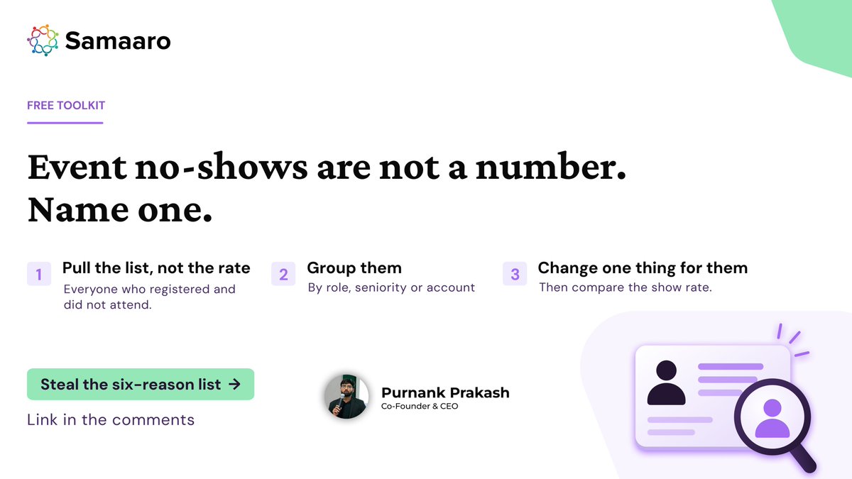 purnankprakash's tweet photo. The no-show rate is the least useful number in your post-event report.
Not because it is wrong. Because it is an average, and the thing it averages over is a group you could name, find, and fix.
Which group would you check first?
#EventMarketing #EventAttendance #EventStrategy #EventRoi