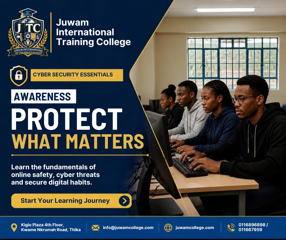 juwamcollege's tweet photo. Protect what matters.

Learn the fundamentals of online safety, cyber threats and secure digital habits with JITC’s Cyber Security Essentials course.

Start your learning journey.
🌐 https://t.co/J5wsSf242D
#JITC #CyberSecurity https://t.co/jI9s6ejaTo