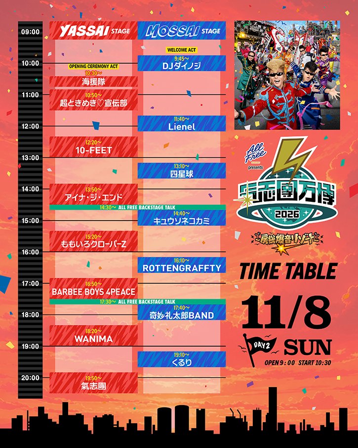 eplus_live's tweet photo. 氣志團万博2026
タイムテーブル解禁🏍️💨

🔥11/7(土)
氣志團
打首獄門同好会
ゴールデンボンバー
Saucy Dog
DJ OZMA
NEWS
PUFFY
日向坂46
モナキ
など

🔥11/8(日)
アイナ・ジ・エンド
氣志團
くるり
超ときめき♡宣伝部
10-FEET
ももいろクローバーZ
ROTTENGRAFFTY
WANIMA
など

▽詳細はこちら