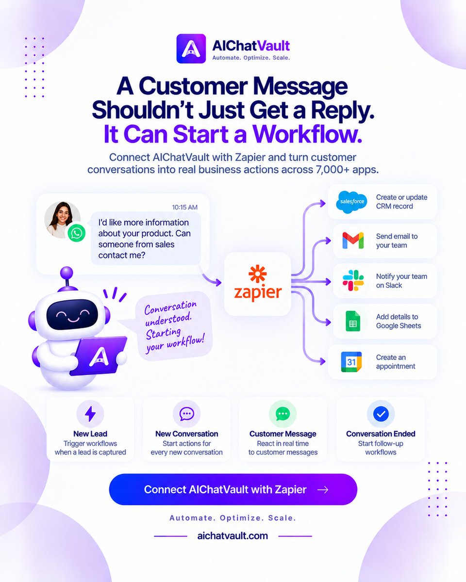 aichatvault's tweet photo. A customer message can do more than get a reply. It can start a workflow.

AIChatVault × Zapier connects supported conversation events with business workflows and actions.

Don’t just automate the reply. Automate what happens next.

#AIChatVault #Zapier https://t.co/aOngGPZEVf