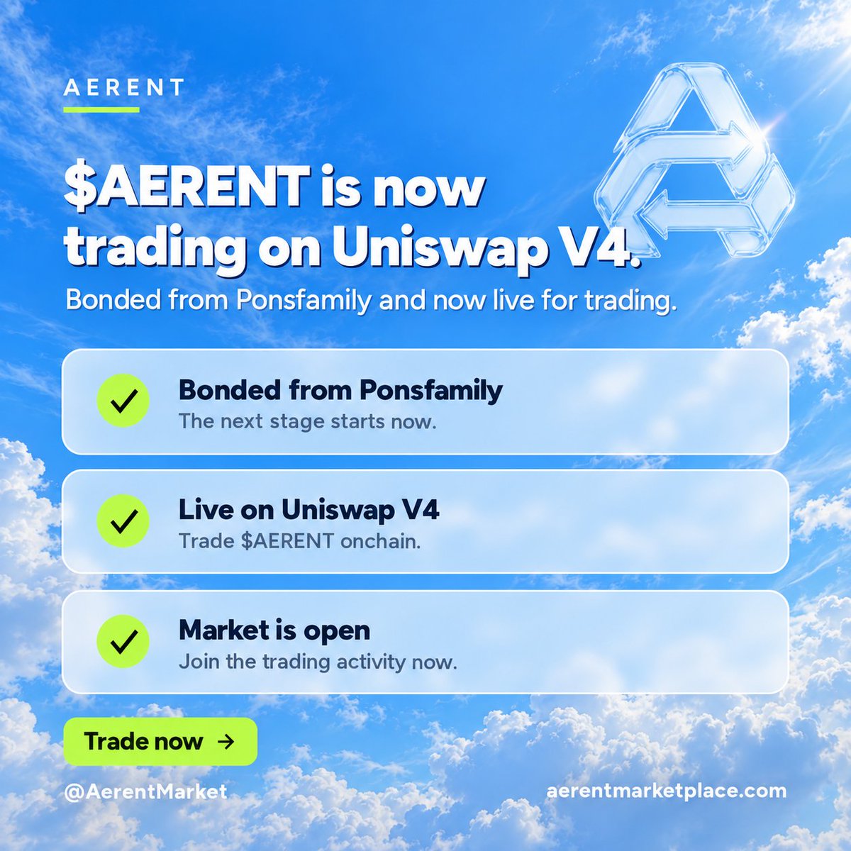 AerentMarket's tweet photo. $AERENT has officially bonded from Ponsfamily and is now live for trading on Uniswap V4. 🚀

The next phase of AERENT Marketplace starts now. Trade $AERENT, explore the marketplace, and follow the ecosystem as we continue building on Robinhood Chain.

CA: 0xea25747f0f4ab4f749948c73d6dcd40e86db700d

Dexscreener:
https://t.co/kb1JZDSz4U

Marketplace:
https://t.co/I7zG66yaTg

$AERENT