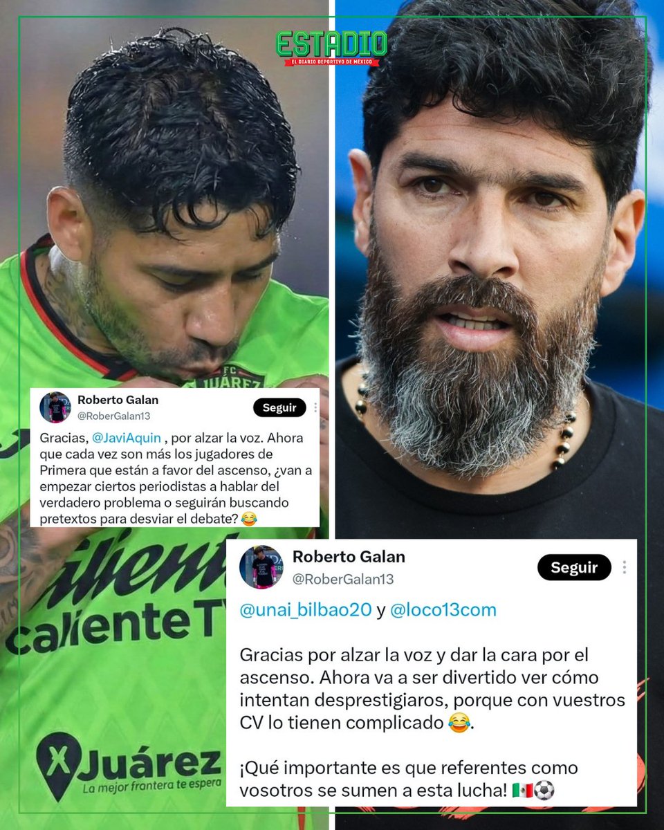 EstadioDxts's tweet photo. SE SUMAN LOS DE PRIMERA 🗣️🔥  

​Roberto Galán aplaudió que figuras como Aquino, Unai Bilbao y el "Loco" Abreu alcen la voz por el regreso del ascenso 👏🇲🇽. https://t.co/ZNFx6wY1CC