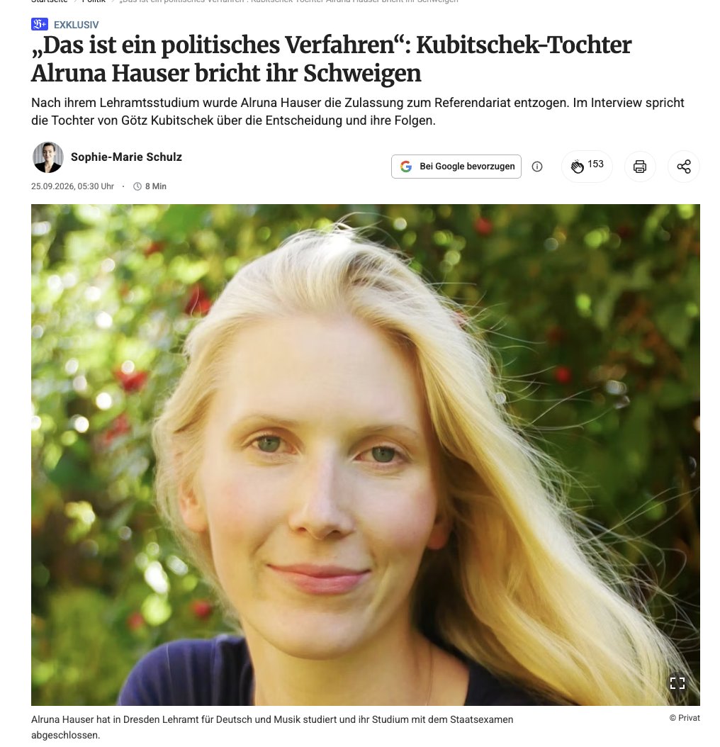 jannibal_'s tweet photo. An diesem Fall ist geradezu alles pervers: die doppelten Standards, die der Verfassungsschutz an das Lehrerwesen anlegt; die Denunziationskultur, bei der  Lehrerinnen anonym dem Schulamt gemeldet werden; die Beweisführung, bei dem sich Institutionen dann auf anonyme Recherchen, einen Nachnamen, angebliche Demoteilnahmen und Fußnoten aus Antifa-Blogs stützen; und schlussendlich auch die Parteinahme dieses Landes, der sich im Fall von Alruna Kubitschek, die übrigens mehrfache Mutter ist und wiederholt daheim von Linksextremisten angegriffen wurde, auf die Seite ihrer Angreifer stellt.

(Die Eignung als Lehrerin wird hier übrigens in Frage gestellt, während es in diesem Land buchstäblich ganze Armeen von linken Lehrern gibt, die aus ihrer Anti-AfD-Gesinnung kein Geheimnis, sondern einen Instagram-Account machen.)

https://t.co/4qM3piuVAO